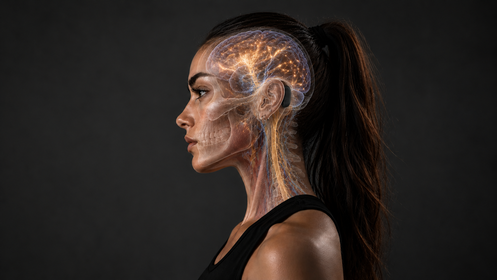 The same aligned portrait with the anatomical brain illustration and Alpha Bubble behind the ear.