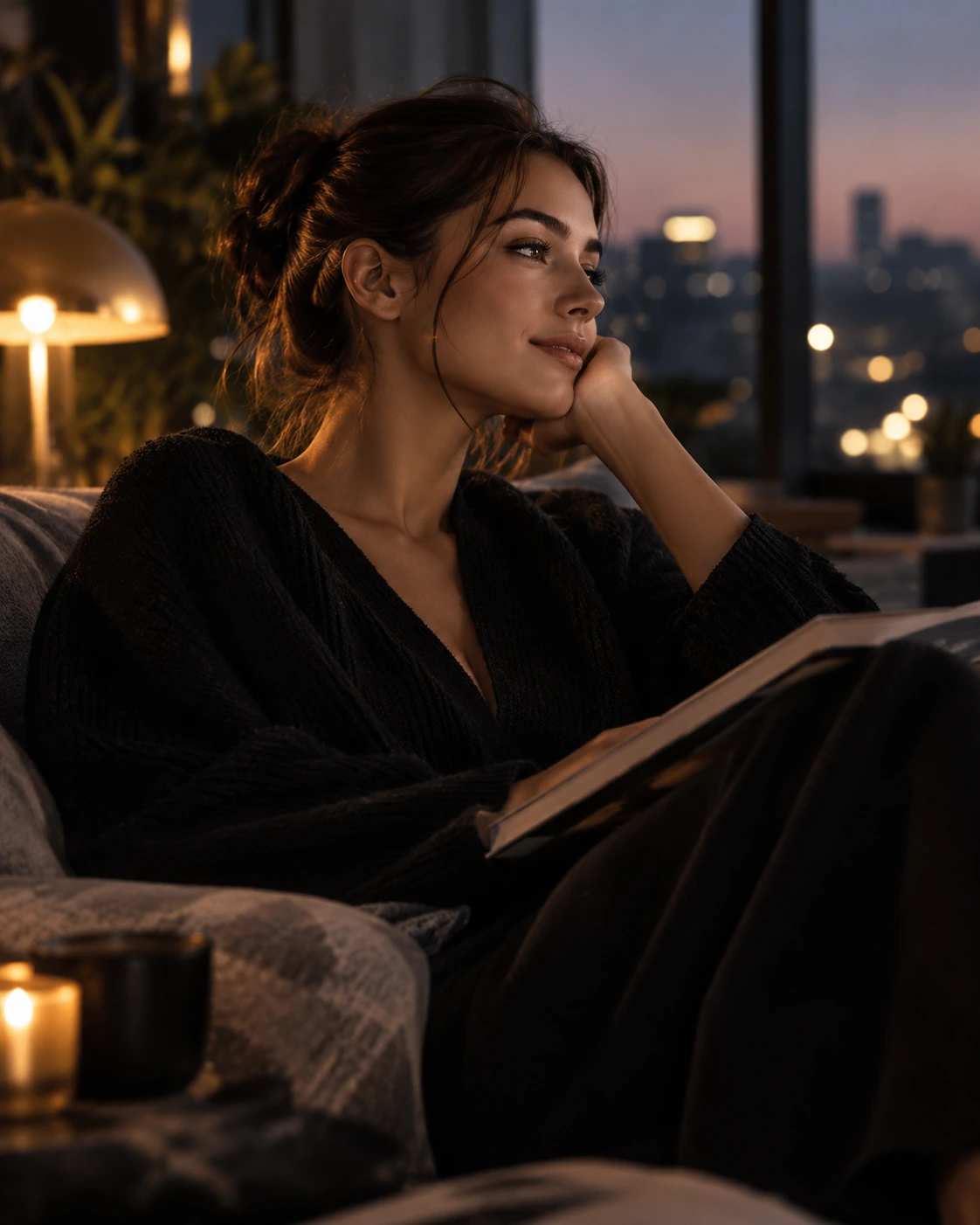 Reading at home in the evening, lifestyle illustration